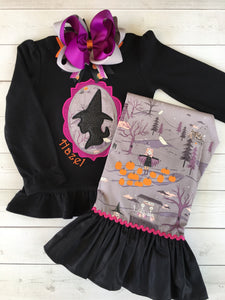 Embroidered Glitter Witch and Friends Single Ruffle Pant Set