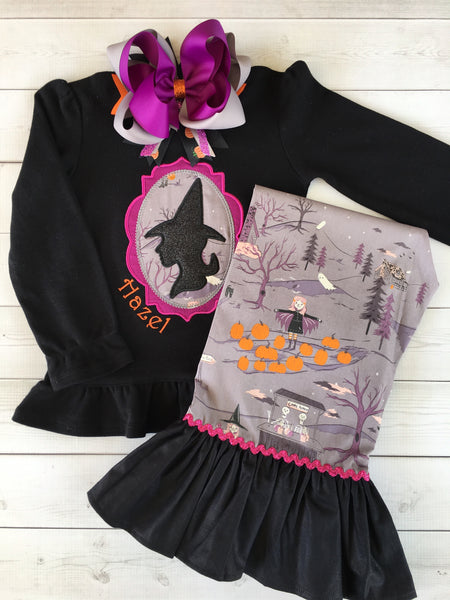 Embroidered Glitter Witch and Friends Single Ruffle Pant Set