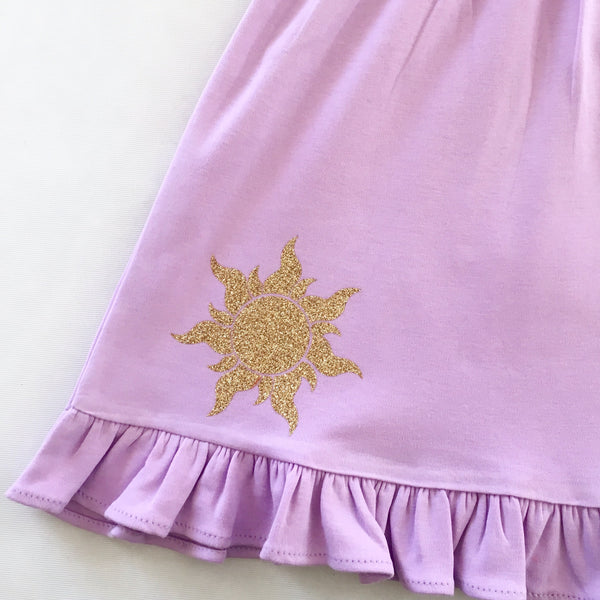 Disney dresses for girls toddlers babies. Tangled Inspired, Rapunzel inspired disney dress for girls on lavender dress with personalized glitter monogram on bodice and fully decorated skirt with best day ever and matching bow