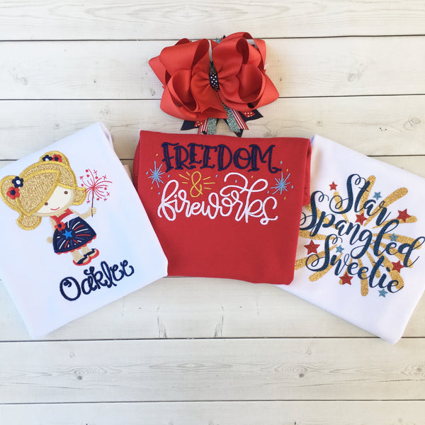 Freedom and Fireworks Embroidered Sparkler Girl Ruffle Short Set