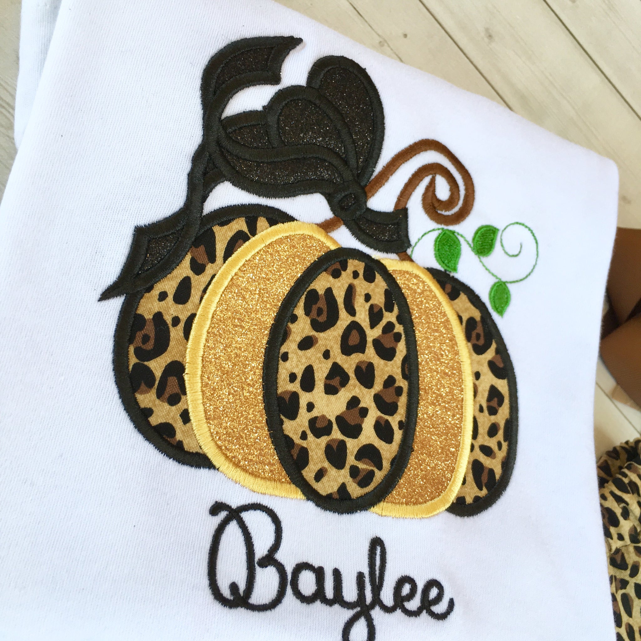 Girls Leopard Embroidered Pumpkin Shirt ONLY