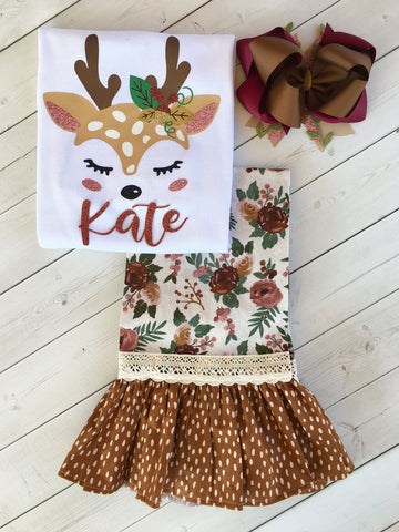 Girls Glitter Deer Shirt and Single Ruffle Pant Set