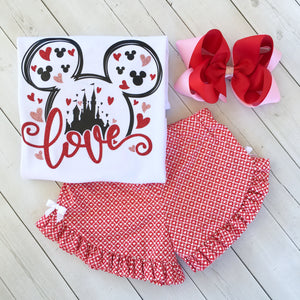 Loving The Castle Glitter Valentine Shirt and Red/Pink Hearts Ruffle Shortie Set