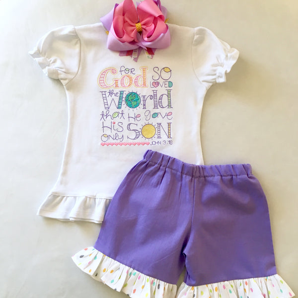 God So Loved Embroidered Basic Ruffled Short Set