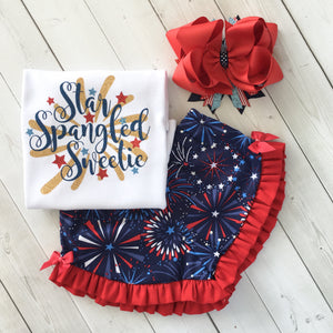 Freedom and Fireworks Star Spangled Sweetie Girl Glitter Ruffle Short Set