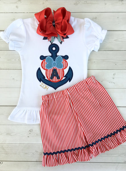 Cruisin' On The High Seas- Embroidered "Mouse Anchor" Traditional Striped Shortie with Ruffle