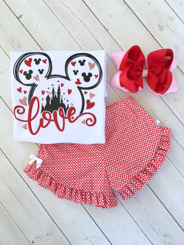 Loving The Castle Glitter Valentine Shirt and Red/Pink Hearts Ruffle Shortie Set