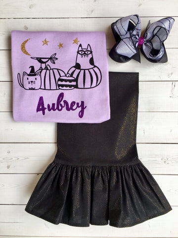 Glitter Halloween Cats and Pumpkins Single Ruffle Pant Set
