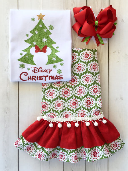 Christmas Tree Glitter Mouse Double Ruffle Pant Set