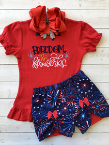 Freedom and Fireworks Embroidered Girl Peek-A-Boo Short Set