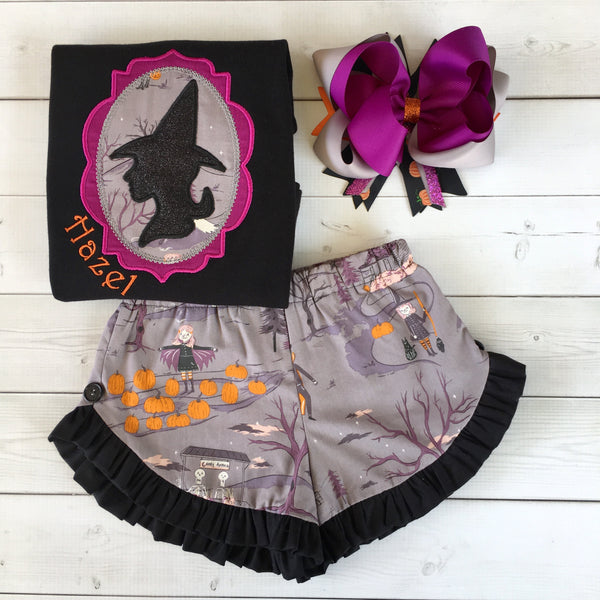 Embroidered Glitter Witch and Friends Ruffle Short Set