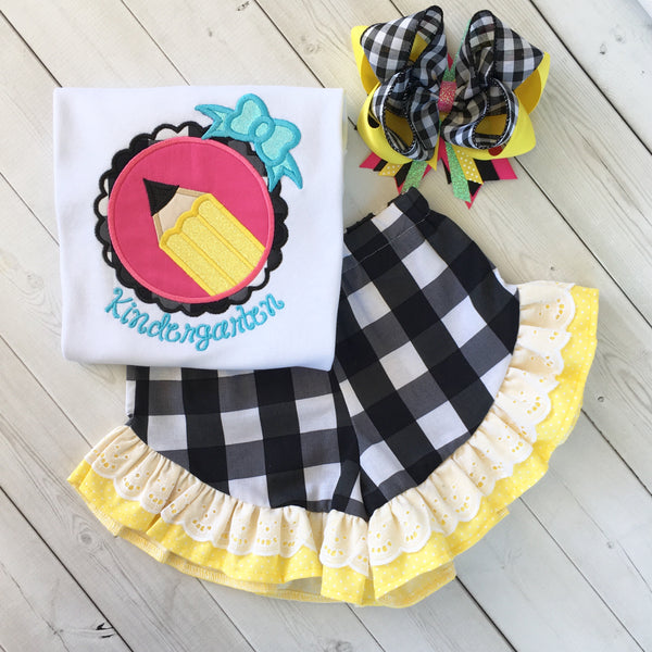 Little Miss Back To School Embroidered Pencil Ruffle Short Set