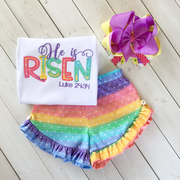 He Is Risen Rainbow Embroidered Ruffle Shortie Set