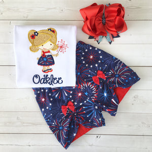 Freedom and Fireworks Embroidered Sparkler Girl Peek-A-Boo Short Set