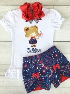 Freedom and Fireworks Embroidered Sparkler Girl Peek-A-Boo Short Set