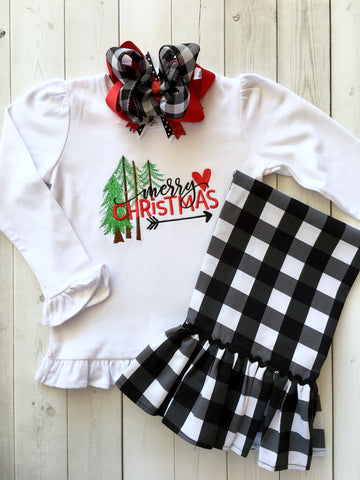 Merry Christmas Pines Embroidered Shirt and White Buffalo Plaid Ruffle Pant Set