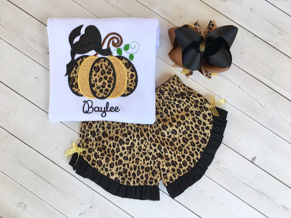 Girls Leopard Embroidered Pumpkin Ruffle Shortie Set
