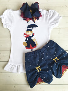 Mary Poppins embroidered Disney outfit for girls with matching shorts and handmade bow