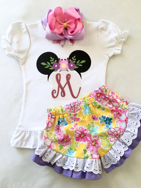Spring Glitter Mouse With Floral Crown Shirt & Ruffle Short Set