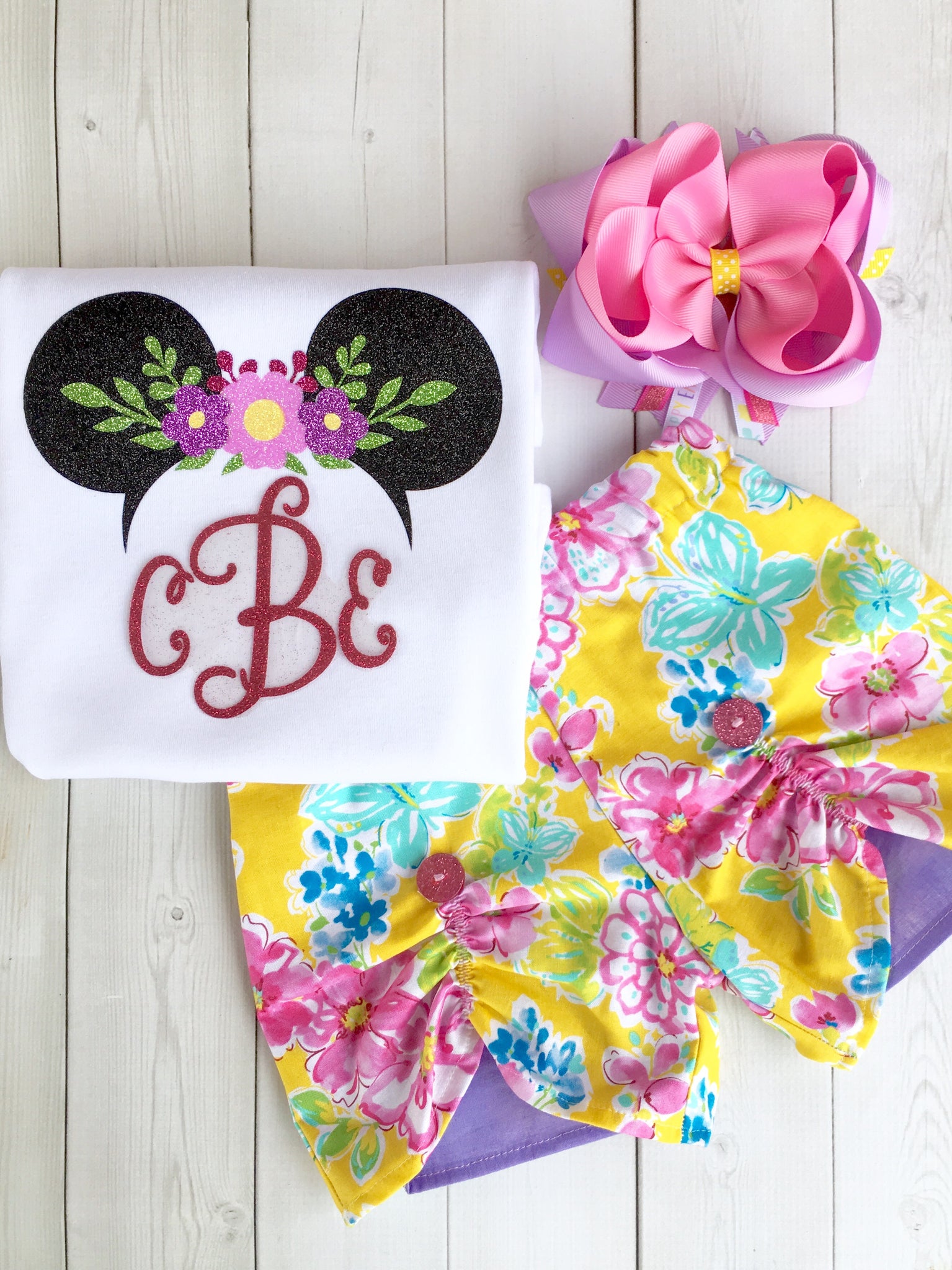 Spring Glitter Mouse With Floral Crown Shirt & Peek-a-boo Shortie set