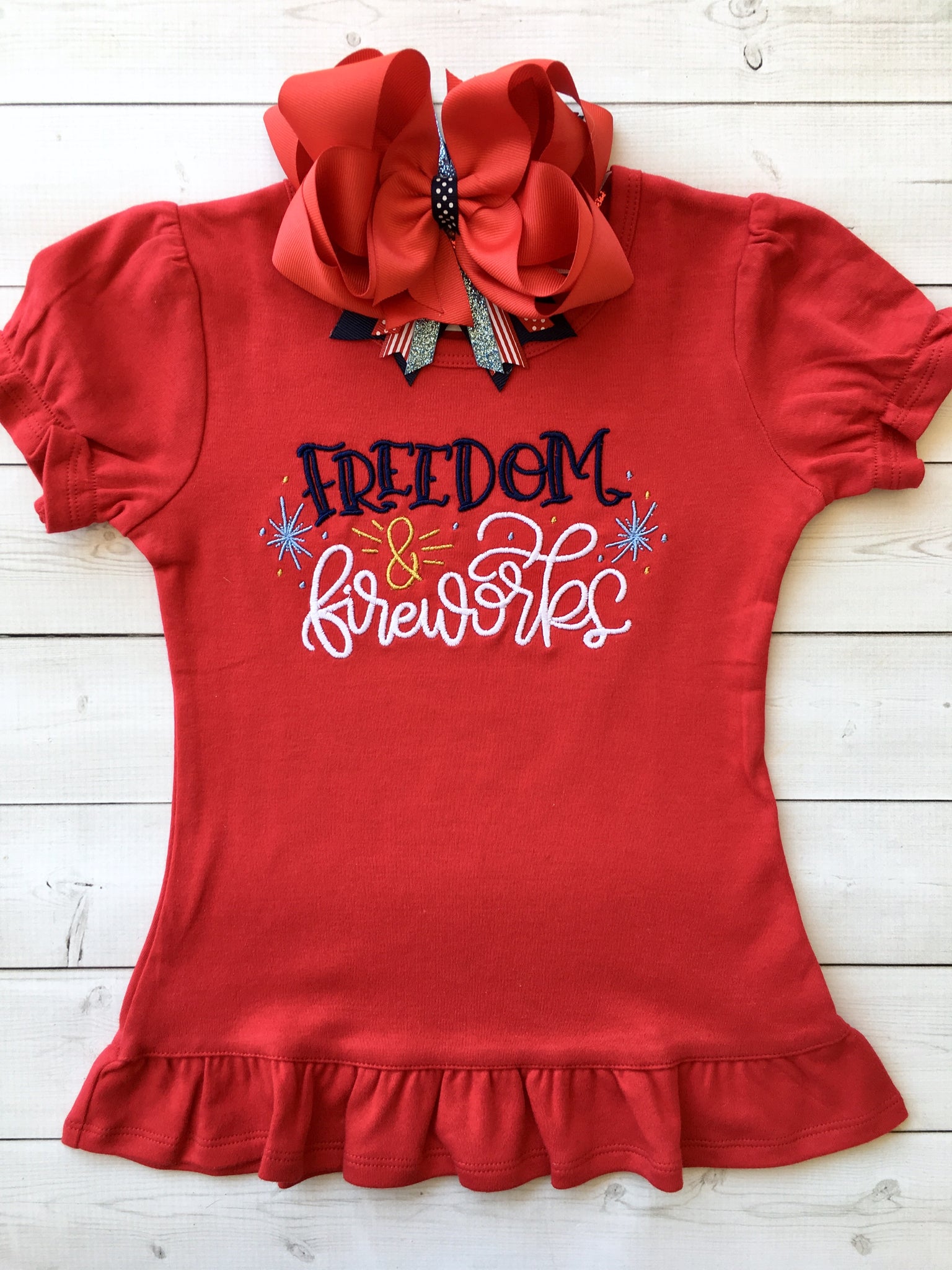 Freedom and Fireworks Embroidered Girl SHIRT ONLY