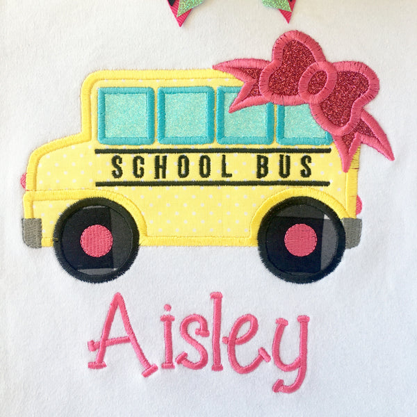 Little Miss Back To School Embroidered Bus Basic Ruffle Short Set