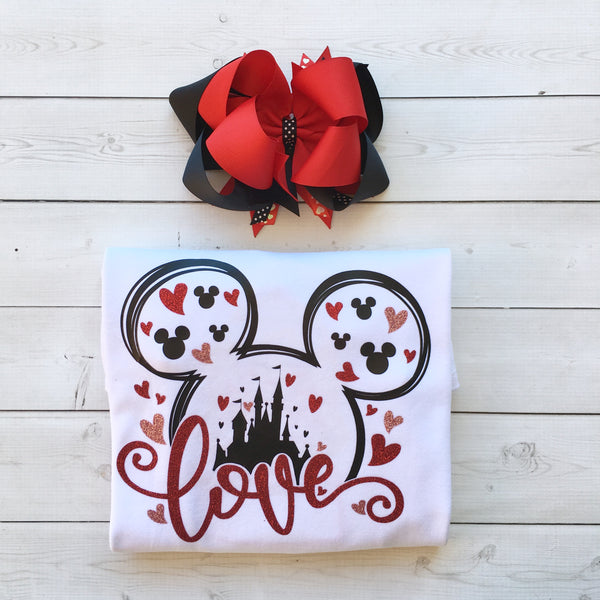 Loving The Castle Glitter Valentine Shirt and Black/Red Hearts Single Ruffle Pant Set