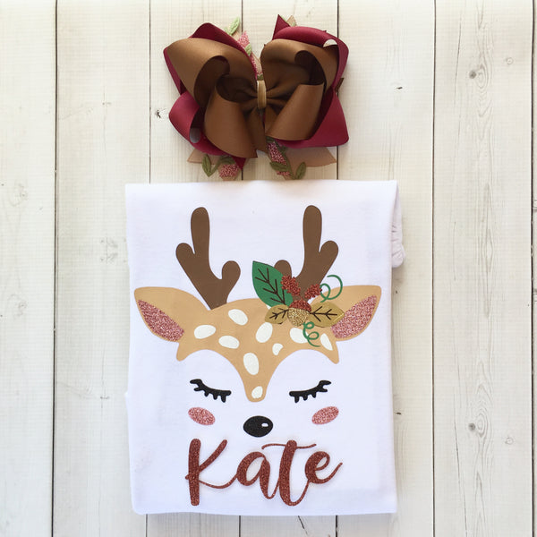 Girls Glitter Deer Shirt and Single Ruffle Pant Set