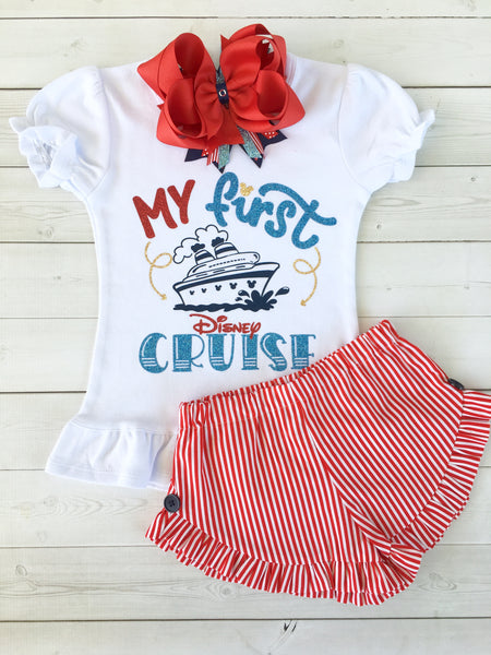 Cruisin' On The High Seas- "Cruise Ship" Glitter Striped Ruffle Shortie Set