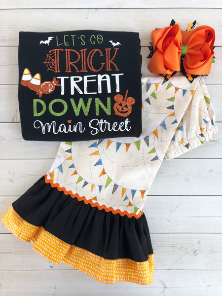 Halloween Pennants-Trick or Treat Down Main Street Glitter Double Ruffle Pant Set