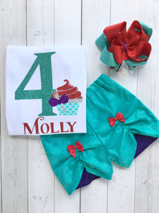 Magical Mermaid Birthday Cupcake Shirt and Peek-a-boo Shortie Set