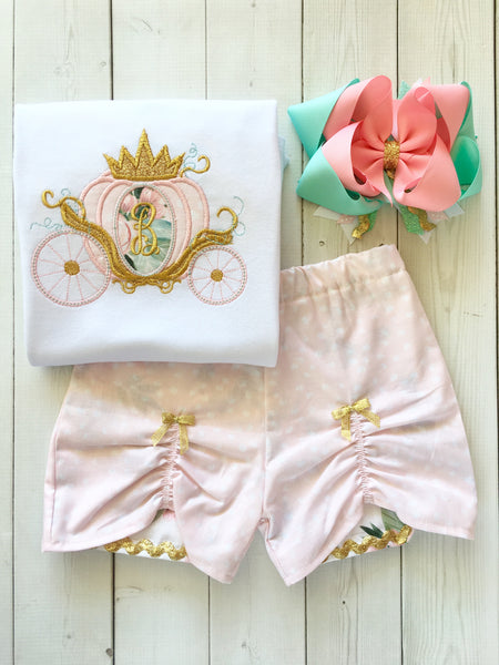 Gorgeous princess outfit for girls, toddlers and babies. Cinderella -like carriage done in pink petals, topped with gold glitter crown. Floral peek a boo shorts are perfection!