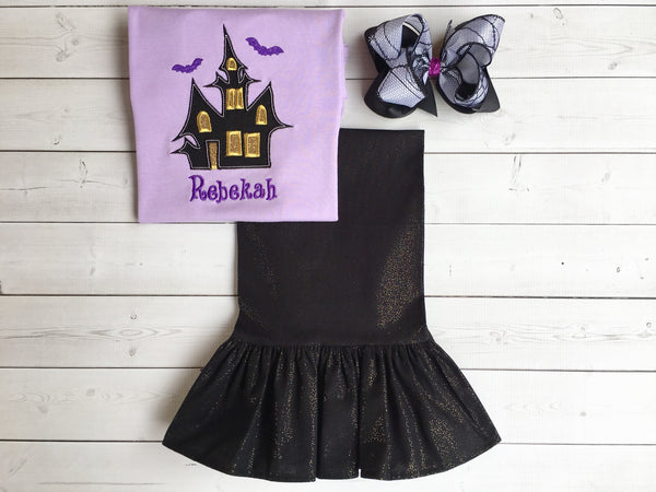 Embroidered Haunted House and Single Ruffle Pant Set