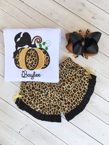 Girls Leopard Embroidered Pumpkin Ruffle Shortie Set