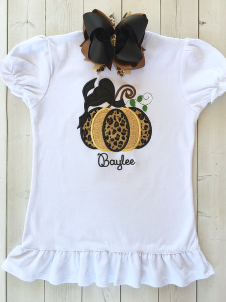 Girls Leopard Embroidered Pumpkin Double Ruffle Pant Set