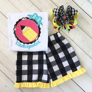 Little Miss Back To School Embroidered Pencil Basic Ruffle Short Set