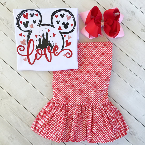 Loving The Castle Glitter Valentine Shirt and Red/Pink Hearts Single Ruffle Pant Set