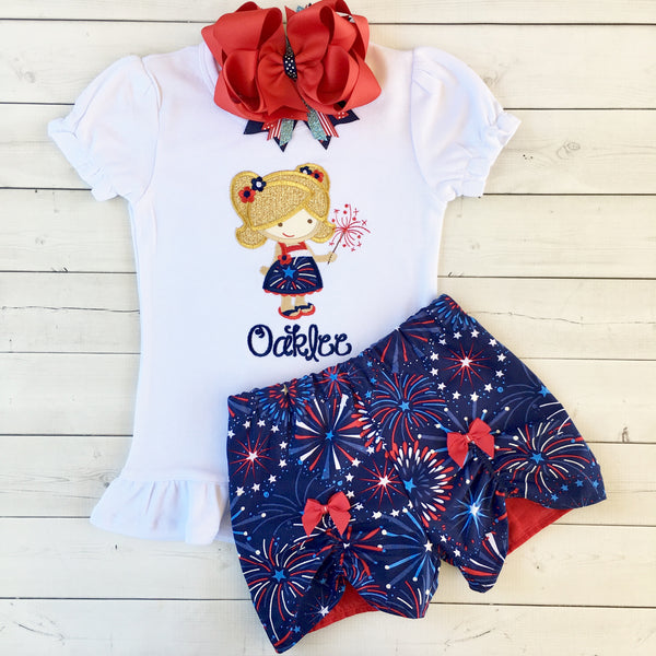 Freedom and Fireworks Embroidered Sparkler Girl Peek-A-Boo Short Set