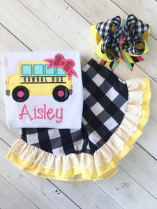 Little Miss Back To School Embroidered Bus Ruffle Short Set