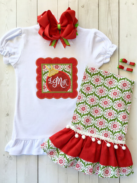 Christmas Ornament Embroidered Frame Double Ruffle Pant Set