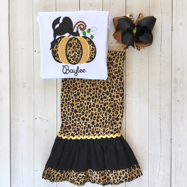 Girls Leopard Embroidered Pumpkin Double Ruffle Pant Set