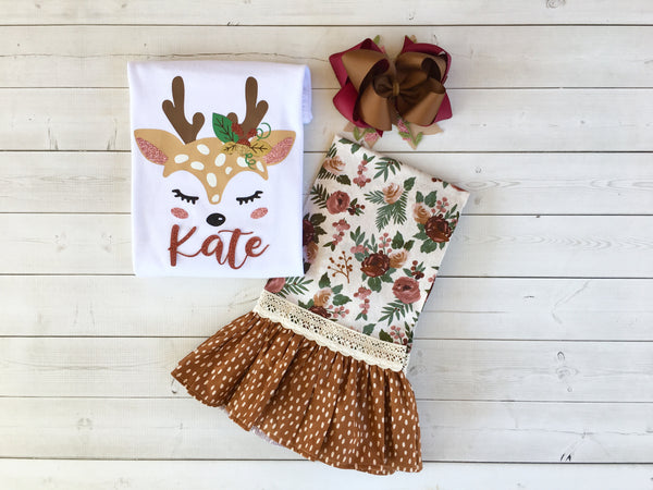 Girls Glitter Deer Shirt and Single Ruffle Pant Set