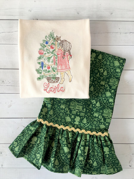 Christmas Tradition Embroidered (Girl) Ruffle Pant Set