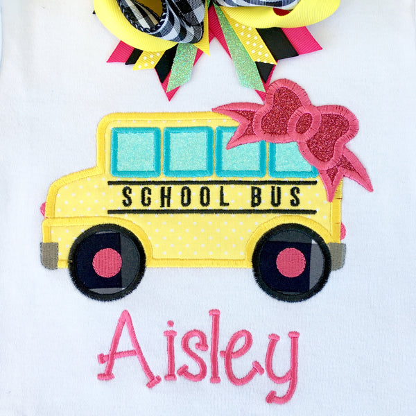 Little Miss Back To School Embroidered Bus Ruffle Short Set