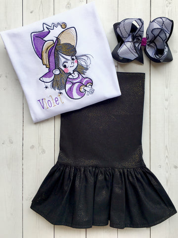 Good Little Witch Embroidered Sketch and Single Ruffle Pant Set