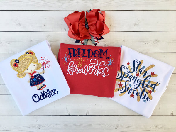 Freedom and Fireworks Embroidered Sparkler Girl SHIRT ONLY