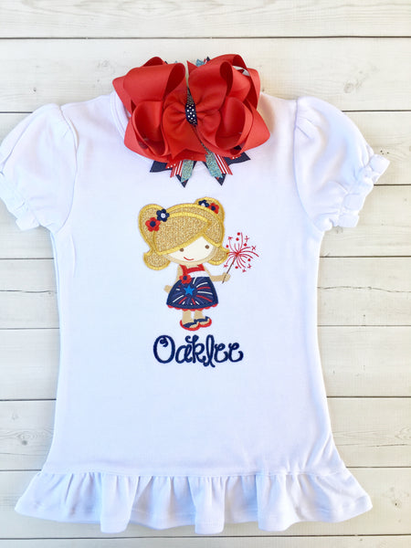 Freedom and Fireworks Embroidered Sparkler Girl SHIRT ONLY