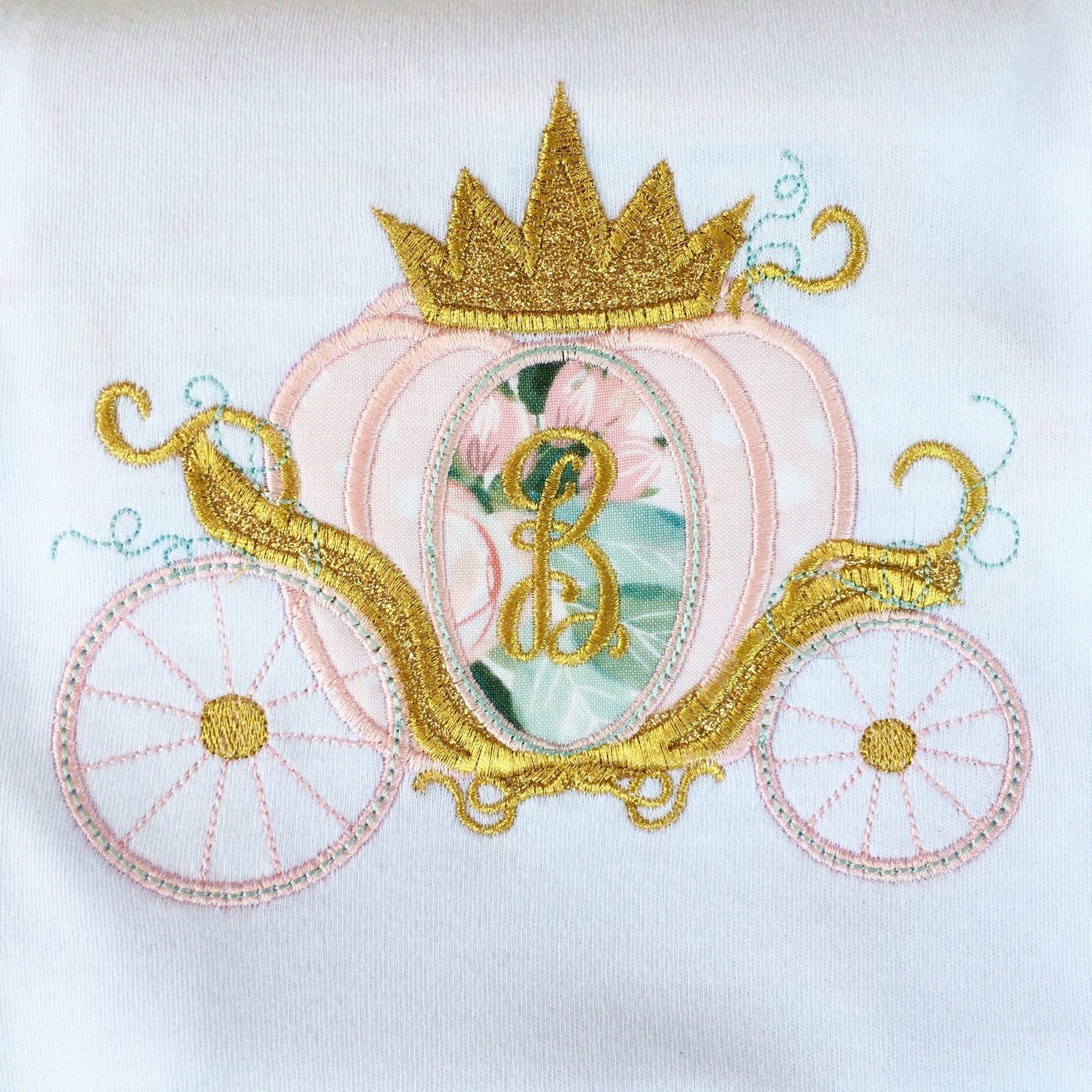 Gorgeous princess shirt for girls, toddlers and babies. Cinderella -inspired carriage topped with glitter crown, custom with first initial in the center. 
