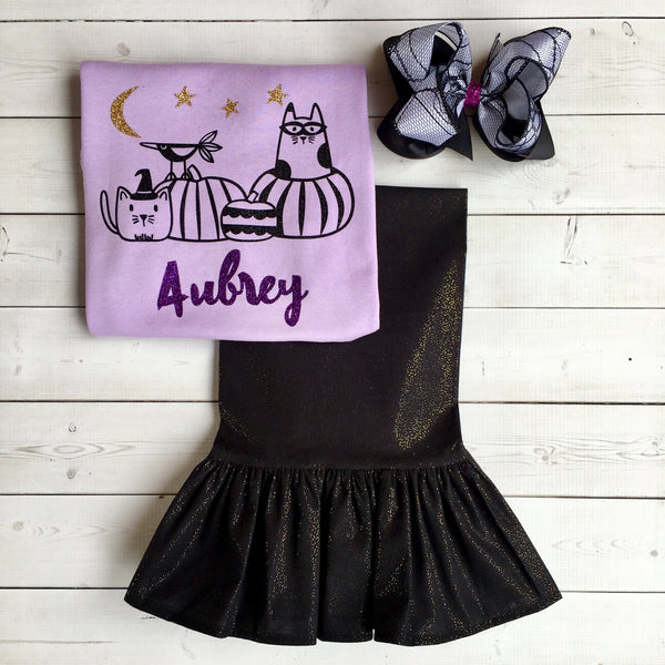 Glitter Halloween Cats and Pumpkins Single Ruffle Pant Set