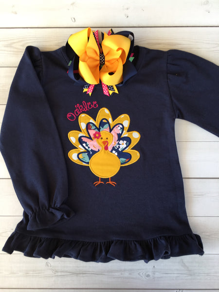 Thankful Embroidered Girl Turkey Single Ruffle Pant Set